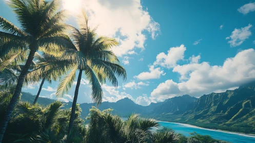 Tropical Paradise Valley with Palms and Ocean Vista