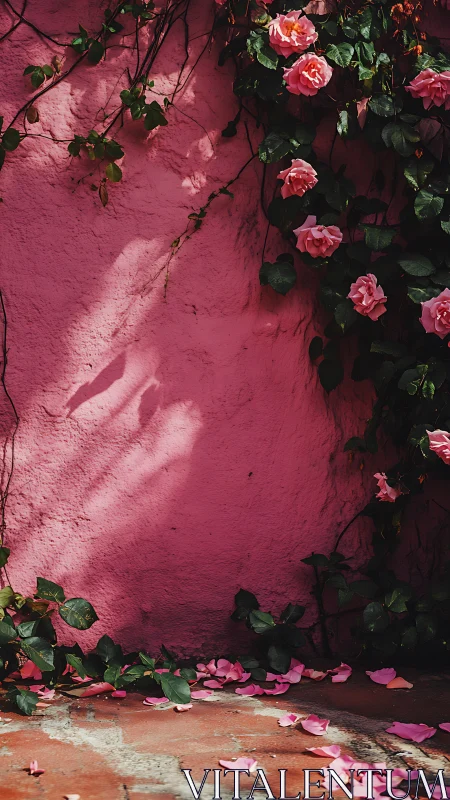 Pink Wall with Climbing Roses and Fallen Petals