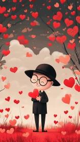 Gentleman Holding Red Heart Against Floating Love Symbols