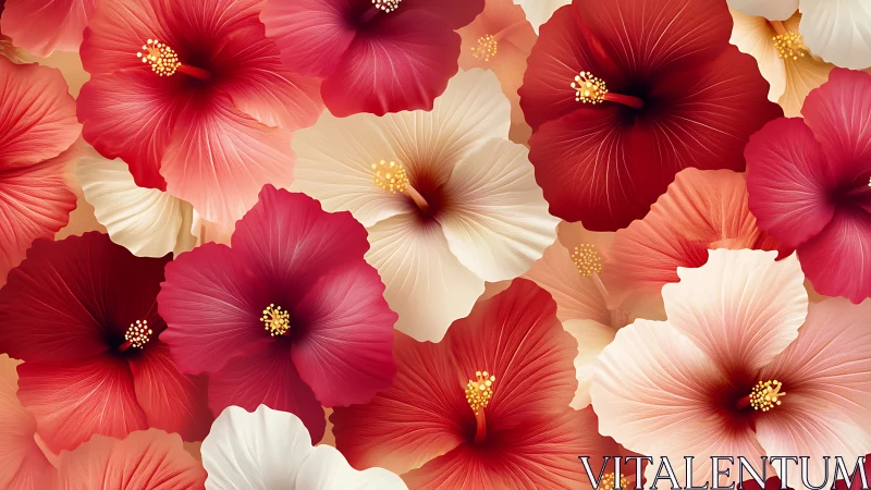Red and pink hibiscus flowers with gold stamens arranged densely.
