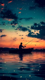 Starlit angler drifts across a twilight-painted dream lake.