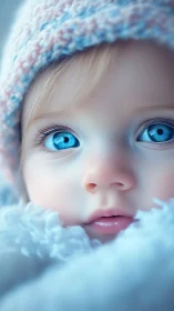 Ethereal child's face radiates wonder with captivating blue eyes