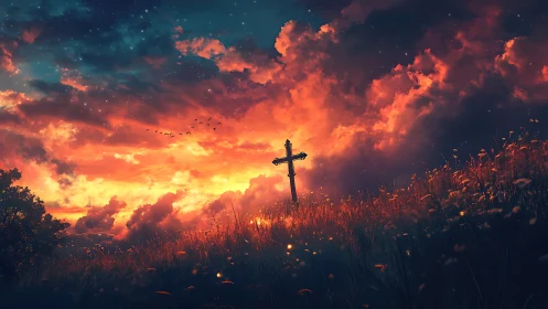 Lonely weathered cross rises over blazing twilight field sky