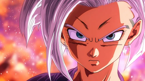 Silver‑haired anime warrior glaring through cosmic embers.