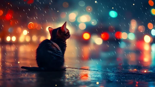 Black Cat in Rain with City Lights.