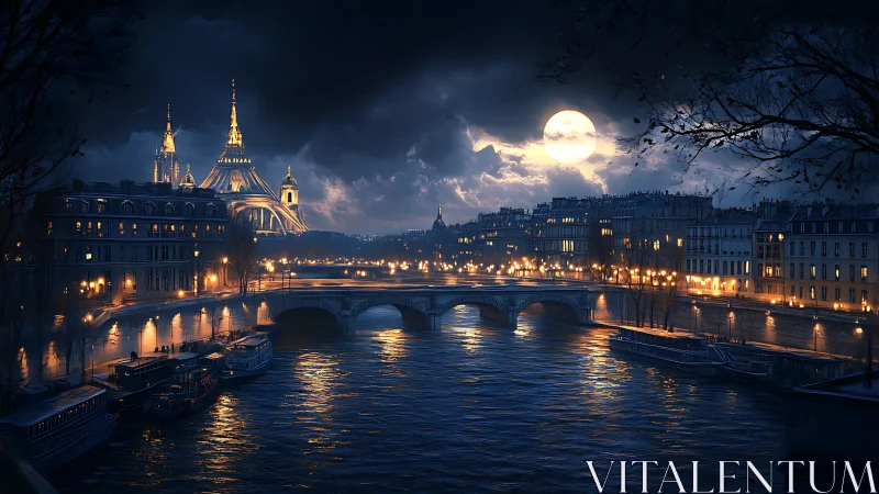 Moonlit riverside cityscape shows bridge, water and skyline