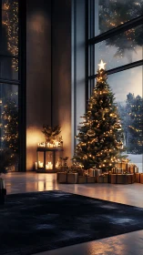 Christmas tree stands near tall windows in modern room