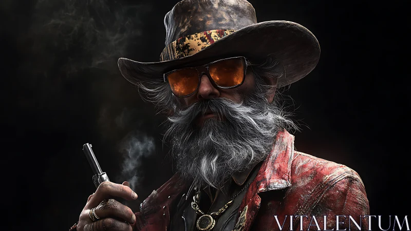 Aged gunslinger in dramatic 3D portrait lighting holds revolver