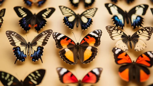 Butterfly specimen collection with vivid wing patterns