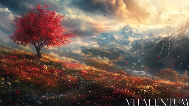 Crimson tree crowns radiant valley beneath stormlit peaks.