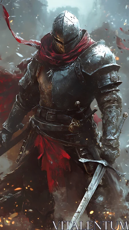 Scarlet-scarfed knight stalks through embers and misted ruin
