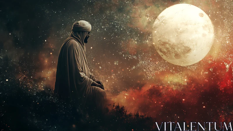 Desert mystic beneath luminous full moon in cosmic sky.