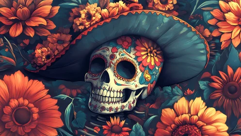 Sugar skull in marigolds celebrates vibrant Day of the Dead