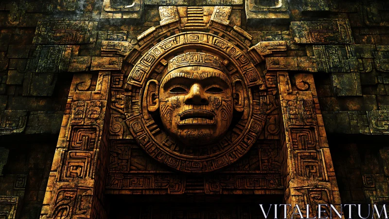 Monumental stone face relief dominates ancient temple wall