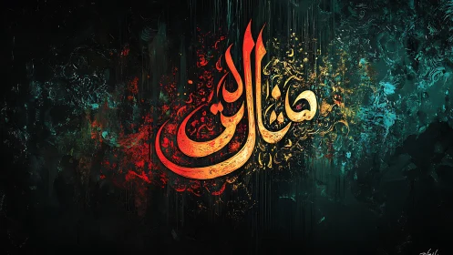 Arabic calligraphy glows within dark abstract textured field