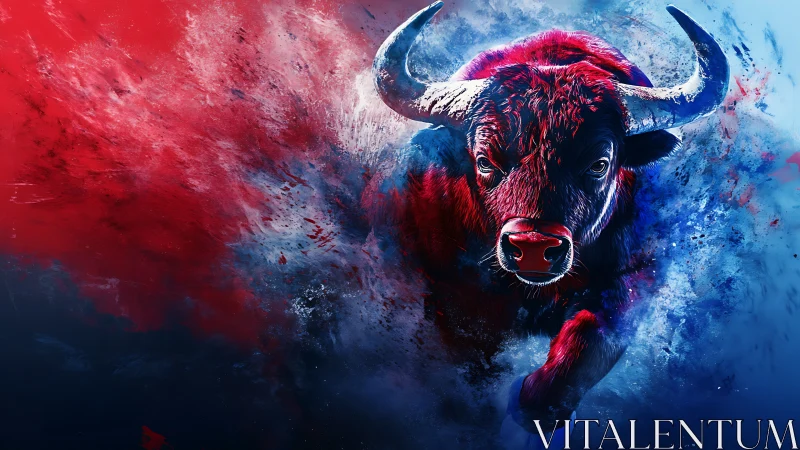 Digital bull illustration with red and blue abstract splashes.
