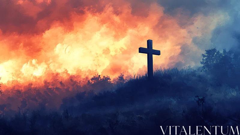 Silhouette cross on hill against vivid orange blue sky.