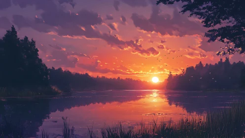 Sunset over calm forest lake with vivid sky reflection.