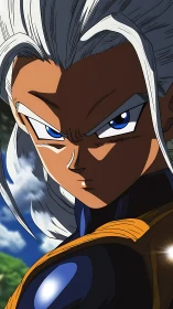 Intense silver-haired warrior under vivid daylight sky.