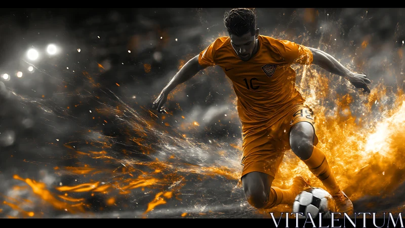 Soccer player in orange kit controls ball amid motion effects