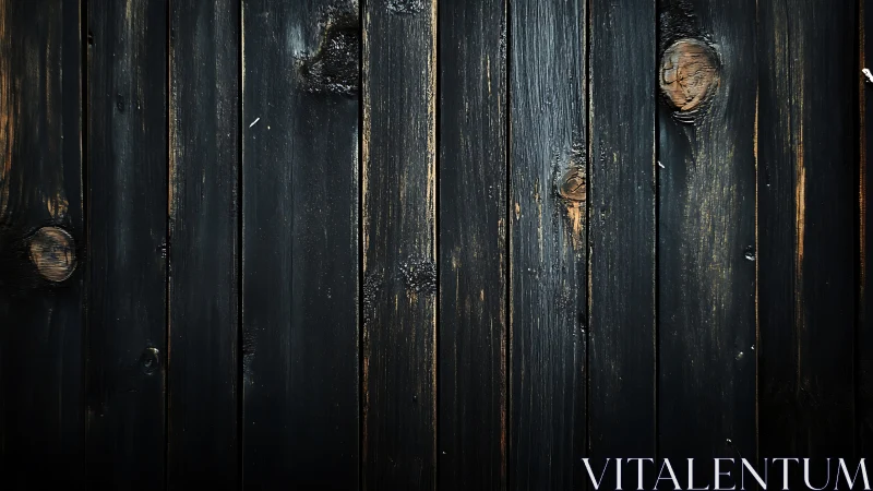 Charred wooden planks form a dark rustic backdrop with knots.