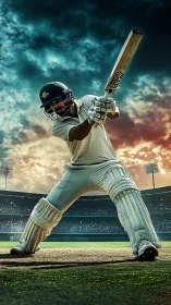 Stormlit cricket striker winding up a thunderous drive.