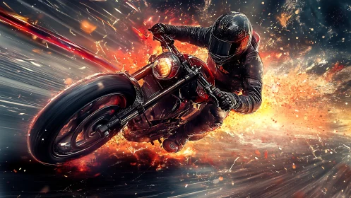 High-speed sport bike rider engulfed in cinematic fire burst.