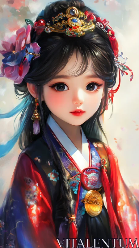 Regal hanfu girl in jeweled crown under soft painterly light.