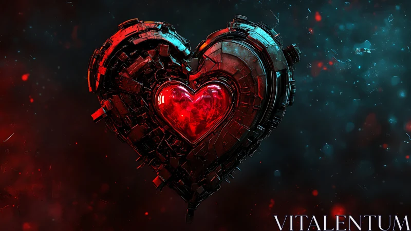 Glowing Mechanical Heart. Cyberpunk Digital Sculpture.