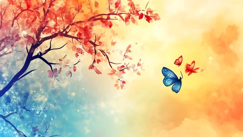 Butterflies in warm gradient sky with blooming branch.