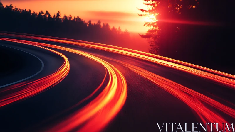 Curving highway light trails slicing through vivid sunset sky.