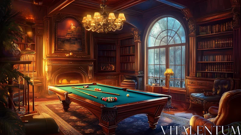 Luxurious wood-paneled library with central billiards table.