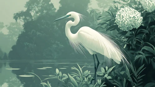Graceful white heron resting beside a quiet misty river.