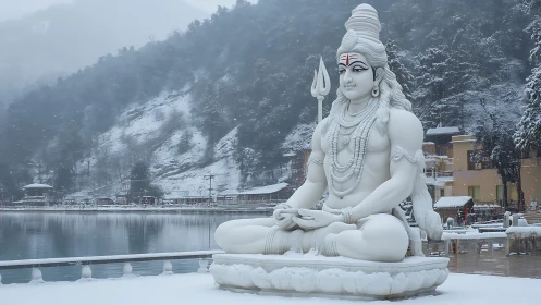 Large white Shiva statue beside snowy lakeside settlement.