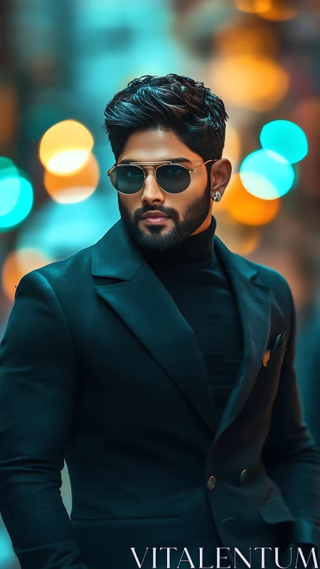 Urban portrait with teal bokeh and tailored monochrome suit.