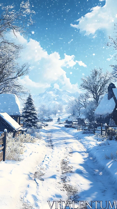 Snow-covered rural village lane under bright alpine sky