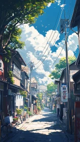 Quiet summer alley breathing under watercolor skies.