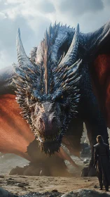 Massive spiked dragon confronting lone human on shore.