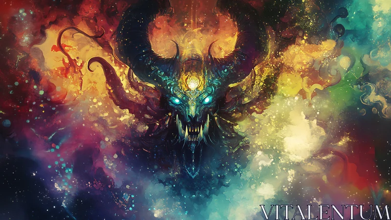 Cosmic horned guardian rising from swirling nebulae.