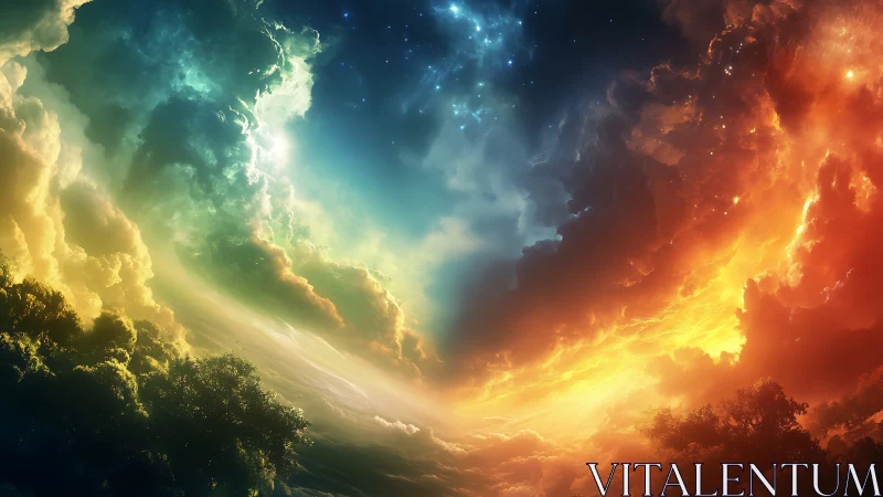 Radiant sky bridges cool cosmic blues and glowing firelight clouds