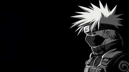 Masked silver-haired ninja in moonlit grayscale hush.