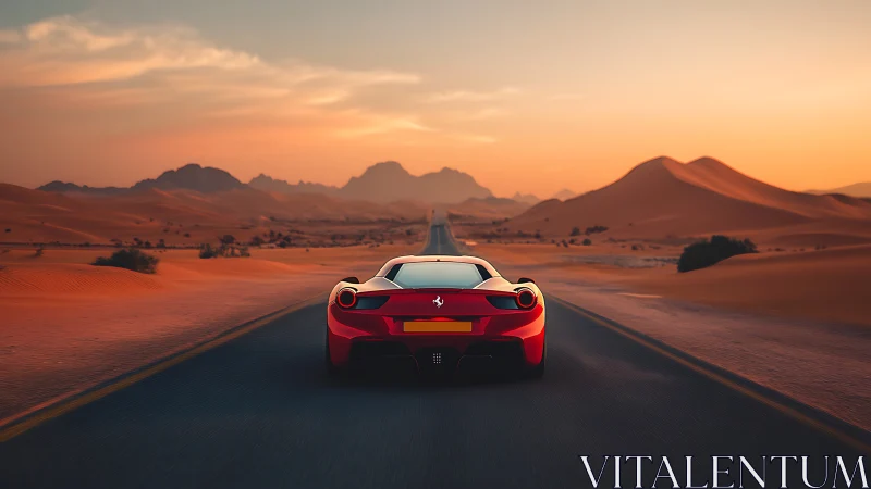 Scarlet supercar racing into a luminous desert horizon.