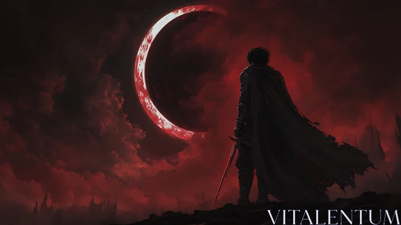 Cloaked swordsman stands before red eclipse over dark horizon