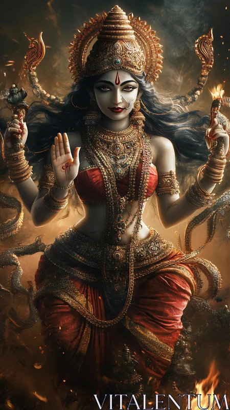 Ornate multi-armed goddess figure amid flames and smoke.