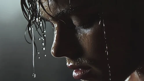 Glimmering raindrops on a quiet, contemplative profile.