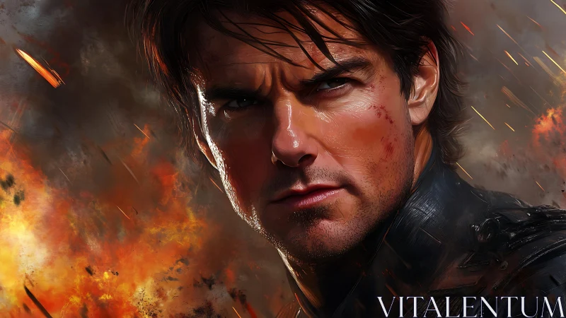 Battle-scarred hero stares forward amid erupting firestorm