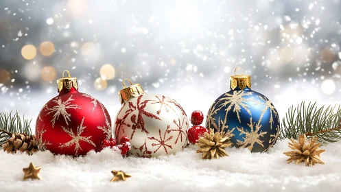 Christmas ornaments in snow with pinecones and bokeh light.