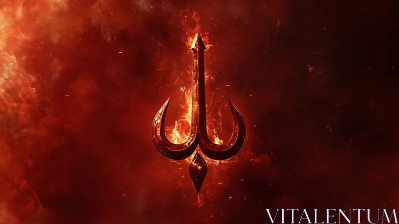 Fiery red trident emblem floating in dark inferno smoke.