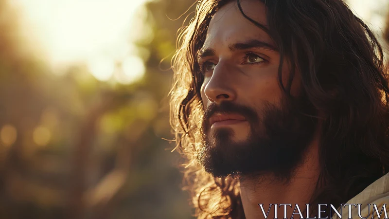 Sunlit contemplative portrait of bearded long-haired man.