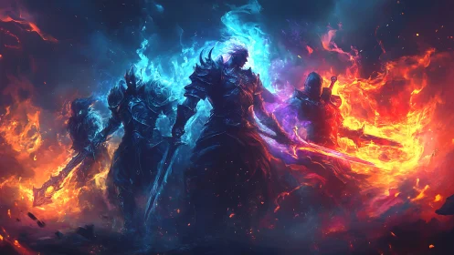 Elemental knights clash amid roaring blue and red flames.